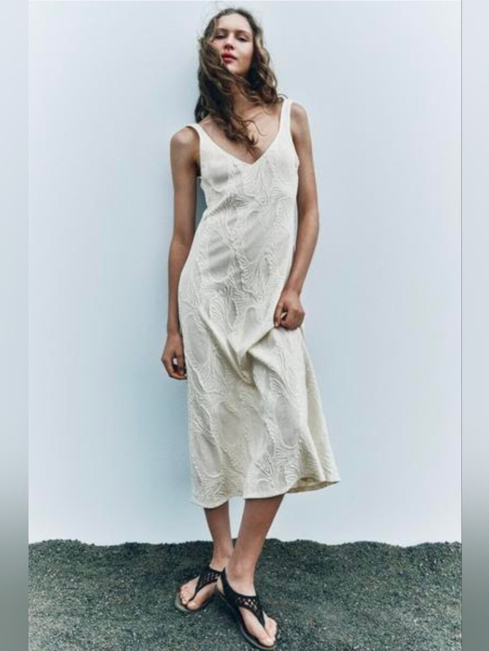 Sz M Zara Textured Slip Dress Ecru Midi A-Line Embroidered Cotton-Blend NWT